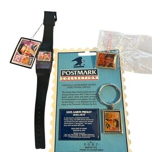 Elvis Presley Watch, Keychain, and Pin Stamp Collection